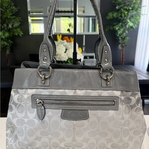 Coach Light Gray Signature Shoulder Bag with Patent Trim